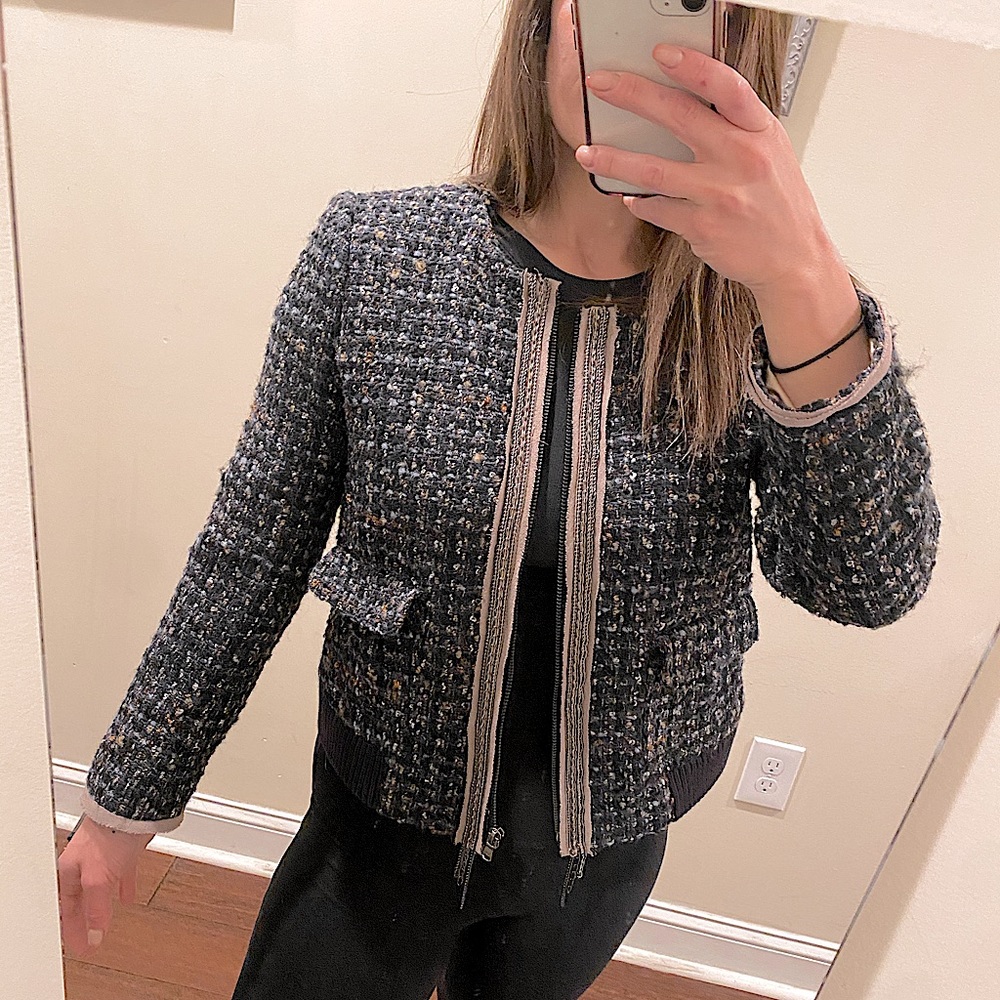 LOFT Tweed Zip Up Blazer Jacket w Chain Size S NWT - Picture 4 of 11